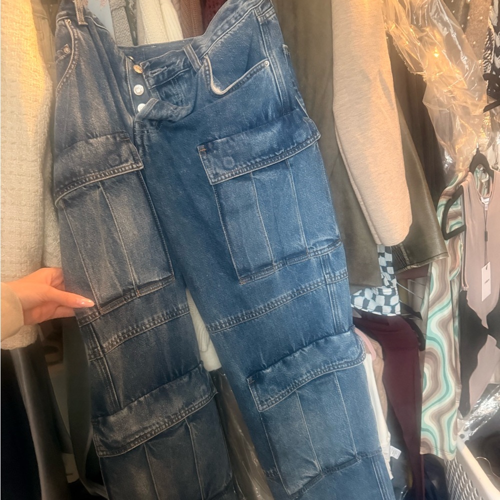 GRLFRND Blue Patchwork Wide-Leg Cargo Jeans